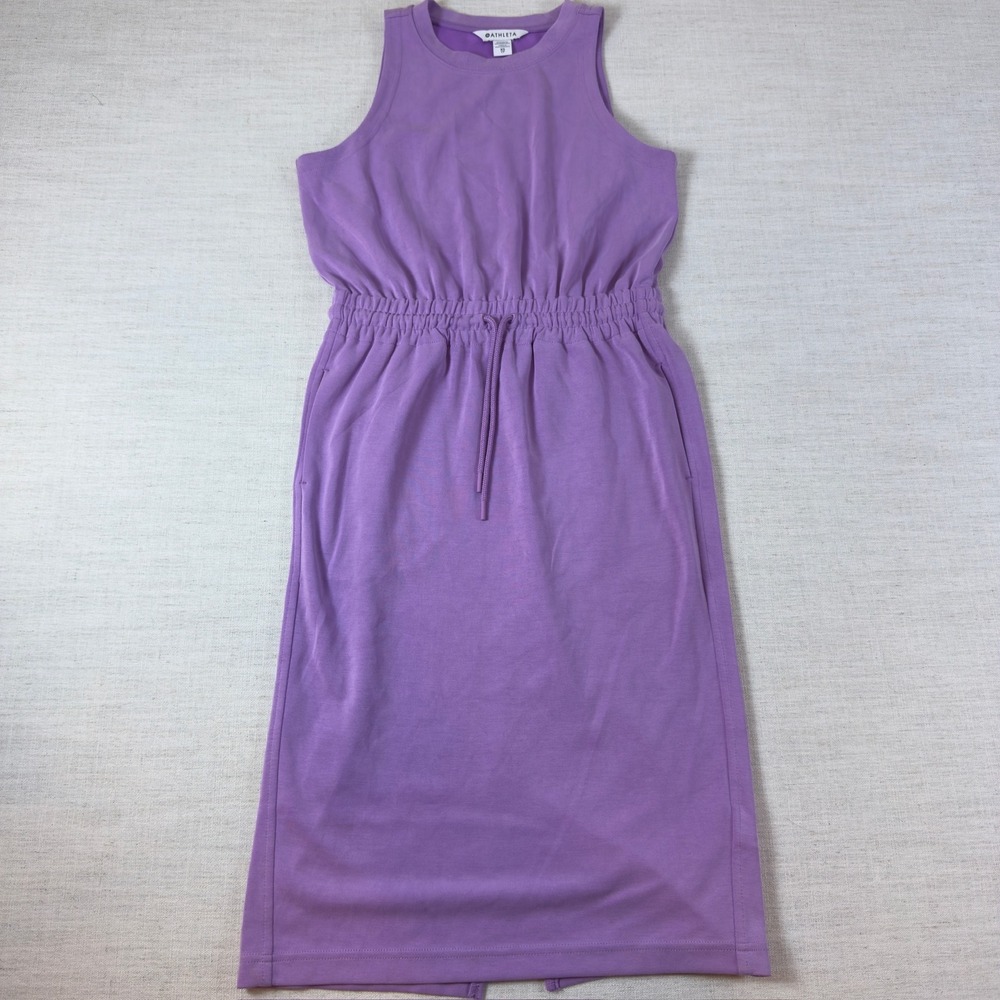 Athleta Womens Purple Tencel Modal Midi Dress Drawstring Waist Pockets Travel